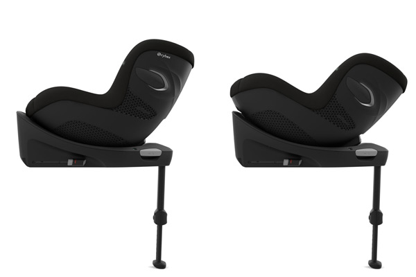 Bezpieczny fotelik Cybex Sirona G na bazie ISOFIX z nogą stabilizującą, widok z boku w pozycji odchylonej