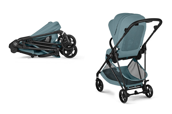 Kompaktowy wózek spacerowy Cybex Melio po złożeniu z wentylowanym oparciem