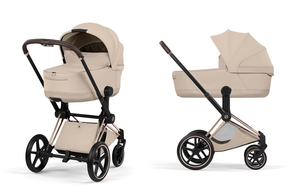 Luksusowy wózek 2w1 CYBEX Priam z ramą rosegold – gondola i widok z boku