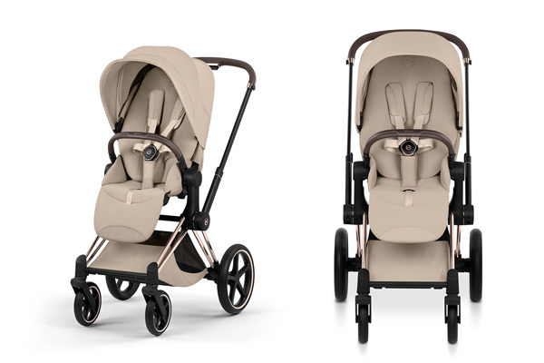 Luksusowy wózek spacerowy CYBEX Priam z ramą rosegold – widok z przodu i z boku