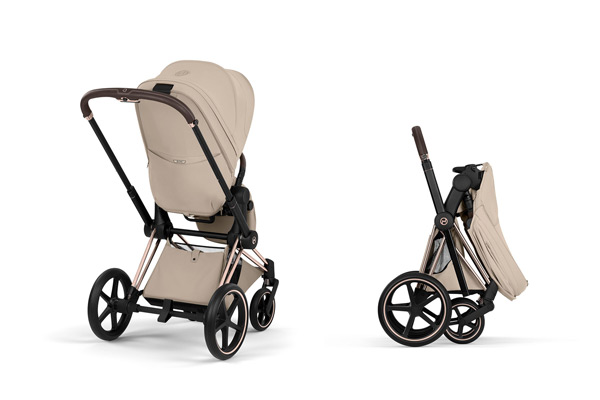 Elegancki wózek spacerowy CYBEX Priam z ramą rosegold – widok z tyłu i po złożeniu
