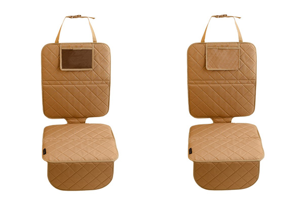 Praktyczna mata Wearone pod fotelik samochodowy z przezroczystą kieszonką na obrazek lub telefon, beżowa