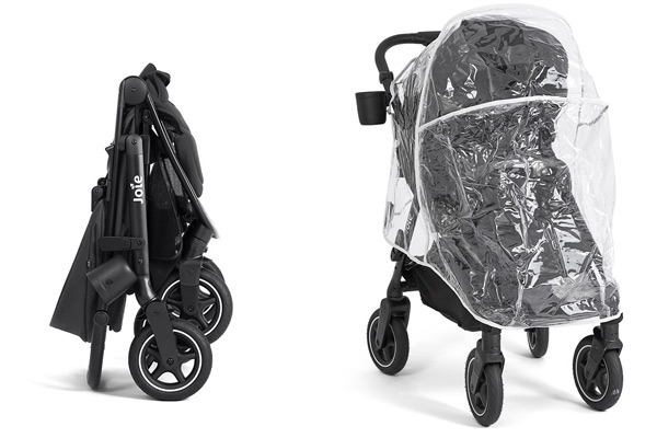Kompaktowo złożony Joie Mydrift i osłona przeciwdeszczowa na wózku