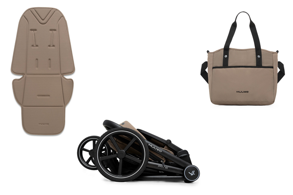 Praktyczny zestaw wózka Muuvo Five 2w1 z kompaktowym stelażem po złożeniu, torbą i wkładką do siedziska.