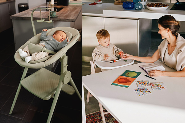 Anex Ozy wielofunkcyjne krzesełko do karmienia – konfiguracja z funkcją leżaczka dla niemowlęcia oraz krzesełko do karmienia starszego dziecka przy stole, stabilne i ergonomiczne.