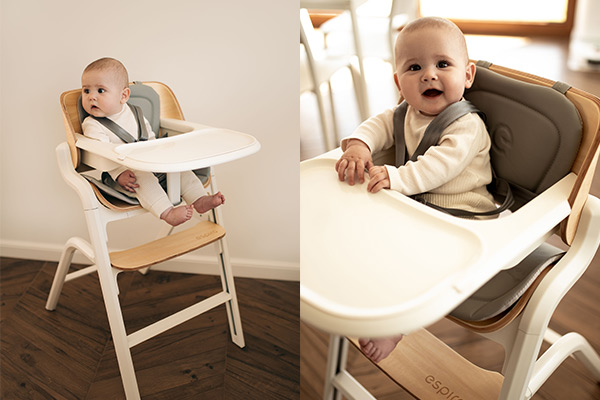Espiro Pure nowoczesne krzesełko do karmienia z demontowalną tacką – ergonomiczne siedzisko z pasami bezpieczeństwa, wygodne dla niemowlęcia podczas posiłku przy stole.