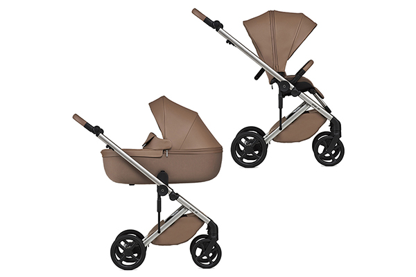 Wózek Anex Eli w dwóch konfiguracjach – z gondolą i siedziskiem spacerowym; brązowy, elegancki model 2w1 z potrójną amortyzacją i aluminiowym stelażem.