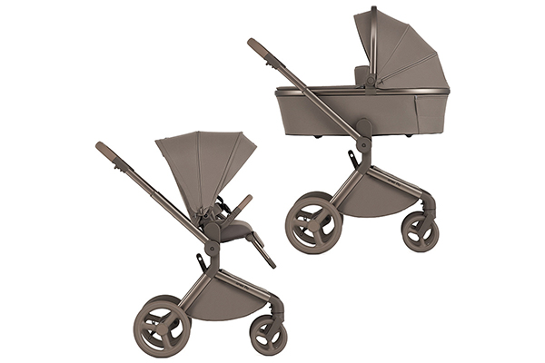 Wózek Anex Flo w dwóch konfiguracjach – z gondolą i siedziskiem spacerowym; elegancki, brązowy model 2w1 o lekkiej konstrukcji i dużych, bezobsługowych kołach.