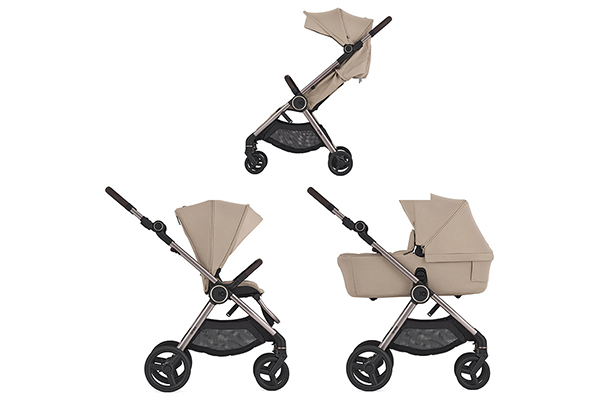 Wózek Anex iQ w trzech wersjach: z gondolą, siedziskiem spacerowym i kompaktowym buggy; beżowy, wielofunkcyjny model 2w1 z opcją lekkiej spacerówki.