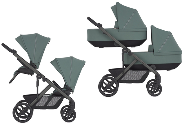 Podwójny wózek dziecięcy Anex w konfiguracji spacerowej oraz z dwiema gondolami, ustawiony w układzie rok-po-roku – lekki i praktyczny zestaw dla dwójki dzieci.