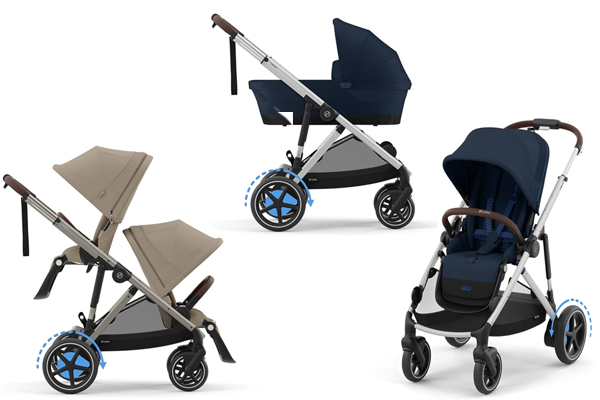 Wózek dziecięcy Cybex e-Gazelle w konfiguracji spacerowej i z gondolą – lekki, nowoczesny model z funkcją wspomagania jazdy dla większego komfortu rodzica.