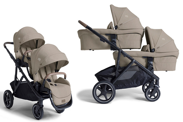 Podwójny wózek dziecięcy Joie Versatrax w konfiguracji spacerowej oraz z dwiema gondolami – lekki, funkcjonalny zestaw dla dwójki dzieci.