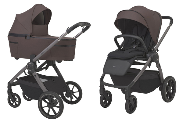 Elegancki wózek dziecięcy Espiro Yoga 2w1 w kolorze brązowym z gondolą i siedziskiem spacerowym