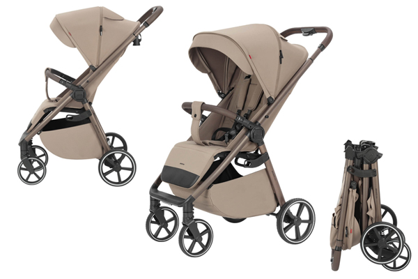 Wózek spacerowy Carrello Bravo M/Lite pokazany w kilku ujęciach, z regulowaną budką, komfortowym siedziskiem i kompaktowym składaniem.
