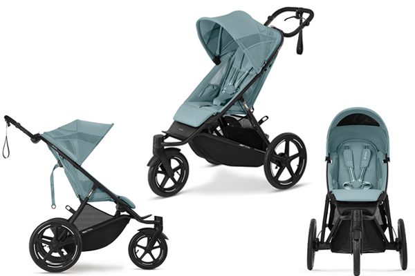 Stylowy wózek terenowy Cybex Avi Spin – widok z różnych stron, z dużym siedziskiem i nowoczesną konstrukcją do aktywnych spacerów.