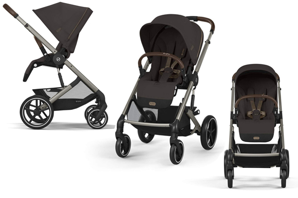 Wózek spacerowy Cybex Balios S Lux 2.0 przedstawiony w trzech ujęciach, z odwracalnym siedziskiem, dużą budką i solidnym stelażem do codziennych spacerów.