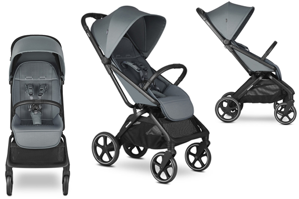 Lekki wózek spacerowy Easywalker Rockey L pokazany z różnych stron, z wygodnym siedziskiem, pełną regulacją i praktycznym autofoldingiem.