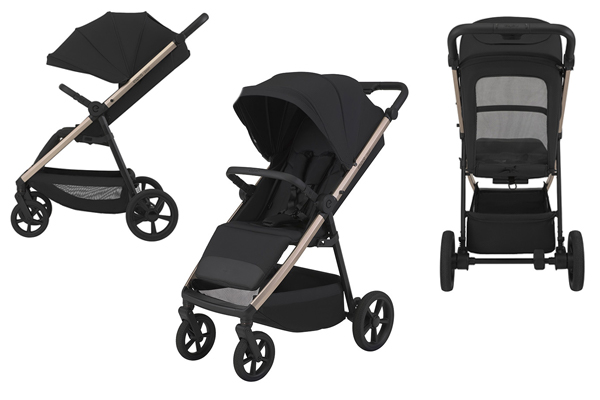 Terenowy wózek spacerowy Espiro Pearl pokazany w trzech ujęciach, z dużym siedziskiem, regulowaną budką i stabilną konstrukcją.