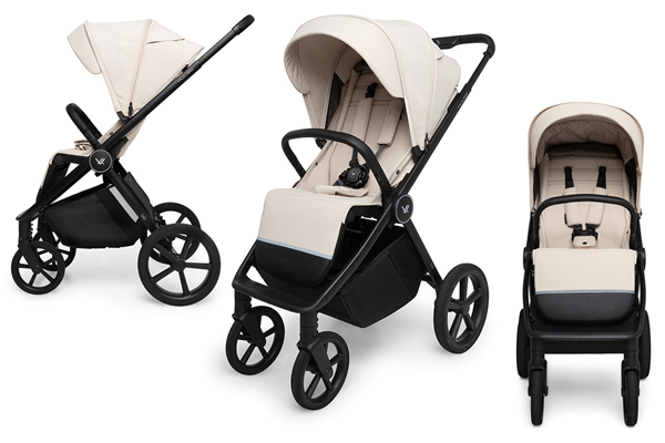 Wózek terenowy Muuvo Go w trzech ujęciach, z dużym siedziskiem, piankowymi kołami i intuicyjnym składaniem jedną ręką.