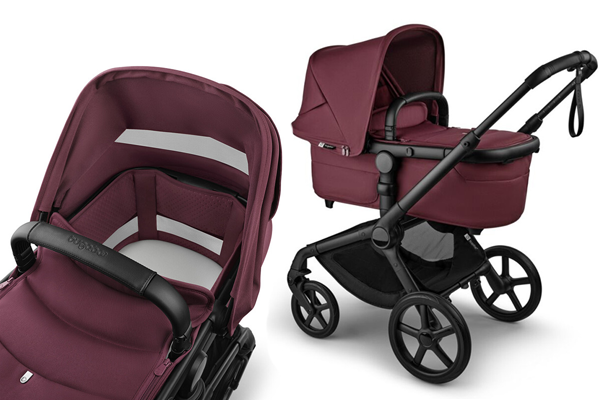 Gondola Bugaboo Fox 5 Renew w bordowym kolorze, pokazana na stelażu oraz w zbliżeniu na przestronne wnętrze