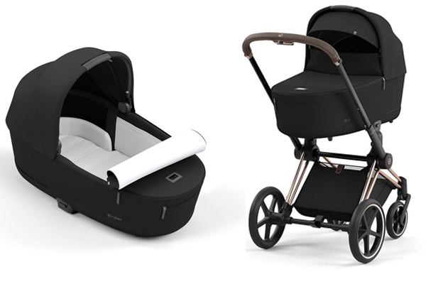 Przestronna gondola Cybex Priam 4.0 w czarnym kolorze, pokazana osobno oraz zamontowana na stelażu wózka