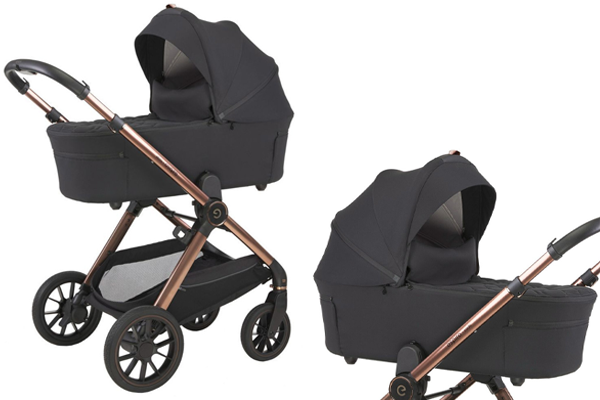 Gondola Espiro Code w czarnym kolorze zamontowana na stelażu z miedzianymi elementami, pokazana w dwóch ujęciach