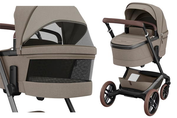 Gondola Maxi-Cosi Fame w beżowym kolorze, pokazana na stelażu oraz w zbliżeniu na dużą wentylację