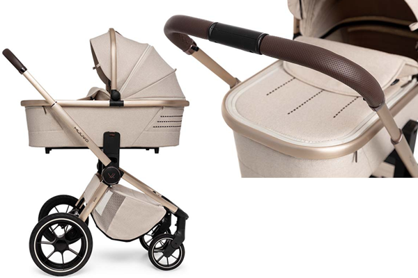 Elegancka gondola Muuvo w wersji Boho zaprezentowana na stelażu, z detalem brązowej rączki i jasnej tapicerki