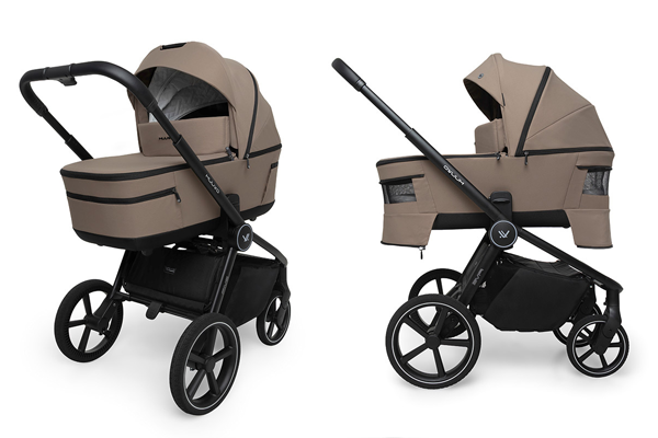 Gondola Muuvo Five w eleganckim beżowym kolorze zaprezentowana na stelażu w dwóch ujęciach