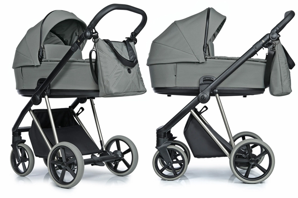 Gondola Roan Ivi zaprezentowana na stelażu w dwóch ujęciach, z dołączoną torbą pielęgnacyjną