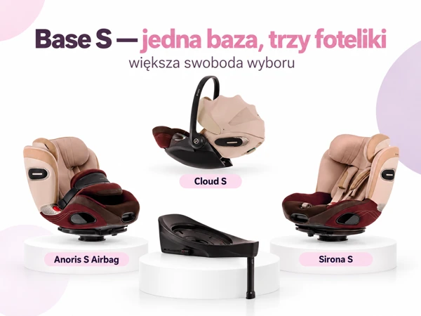 System modułowy CYBEX Base S z trzema kompatybilnymi fotelikami: Cloud S, Sirona S i Anoris S Airbag