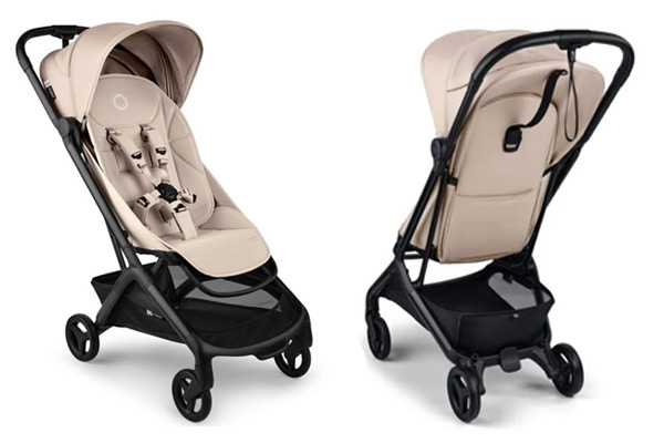 Bugaboo Butterfly 2 – lekka beżowa spacerówka z dużą budką i kompaktową konstrukcją, widok przód i tył
