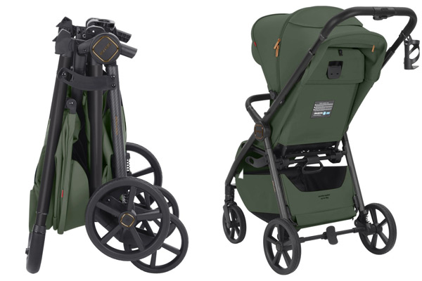 Carrello Bravo Carbon – funkcjonalny wózek spacerowy po złożeniu oraz widok od tyłu, w rankingu wózków spacerowych 2026