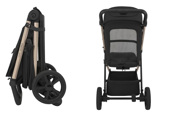 Espiro Pearl – funkcjonalny wózek spacerowy po złożeniu oraz widok od tyłu z panelem wentylacyjnym, ranking spacerówek 2026