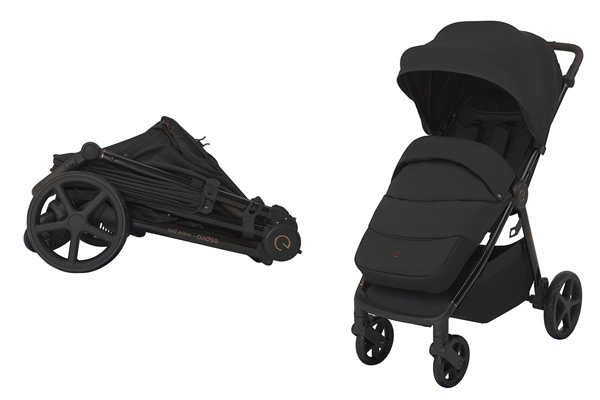 Espiro Wave Pro – praktyczna spacerówka składana na płasko, widok po złożeniu oraz z osłonką na nóżki