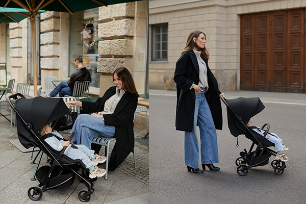 Stylowa spacerówka miejska z dzieckiem podczas spaceru i odpoczynku w kawiarni
