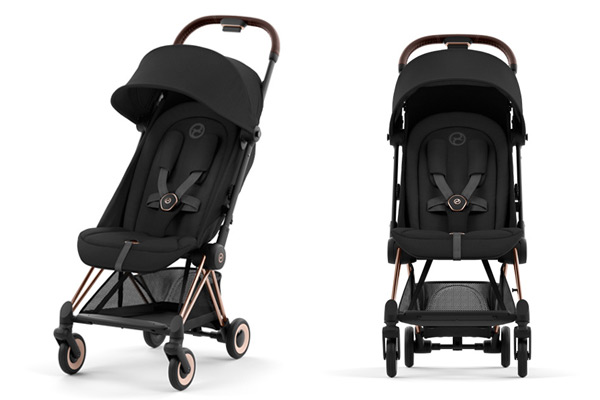 Elegancki Cybex Coya w czarnej tapicerce z ultrakompaktowym formatem podróżnym