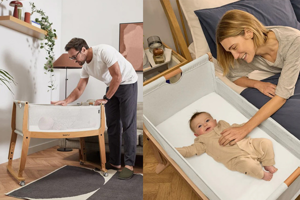 Rodzina korzystająca z łóżeczka SnuzPod Studio.